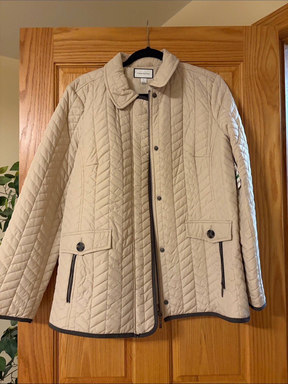 Charter Club Cream Quilted Puffer Jacket with Dark Trim